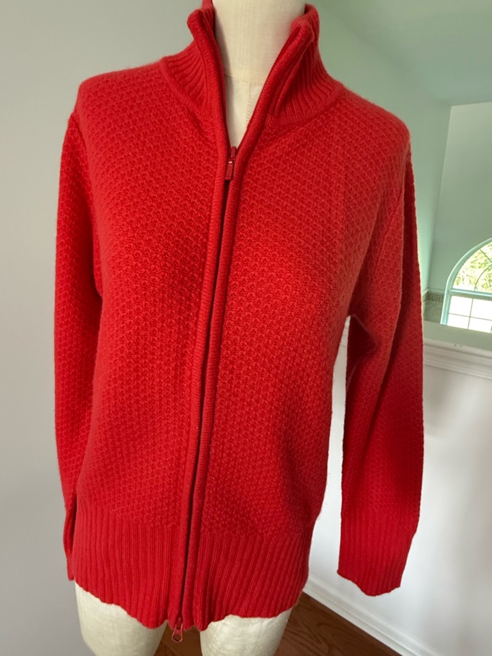 Red Zip-Front Women's 100% Cashmere Cardigan Sweater
